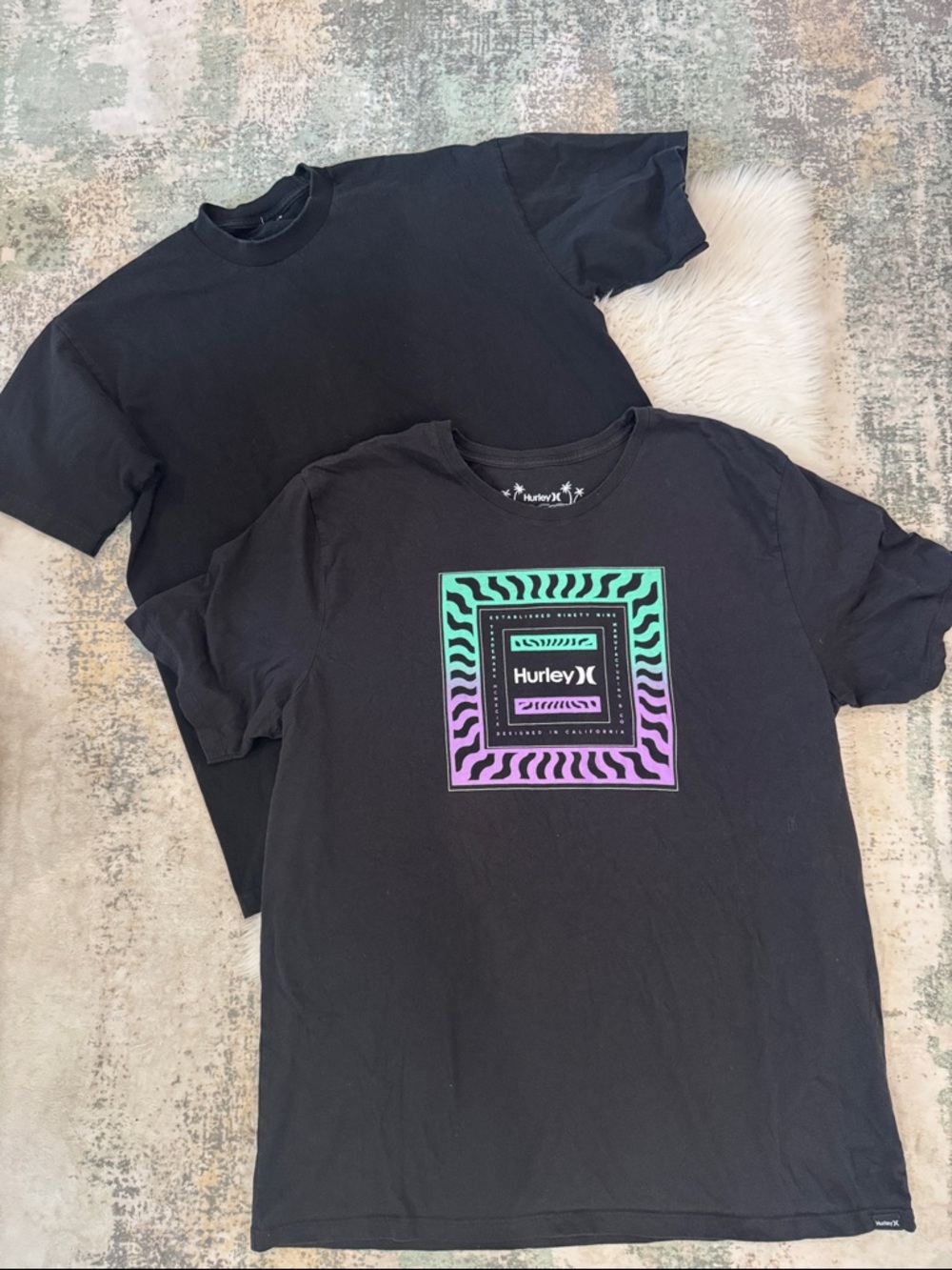 Bundle of Hurley men’s Black Graphic Tee and a plain black crewneck tee